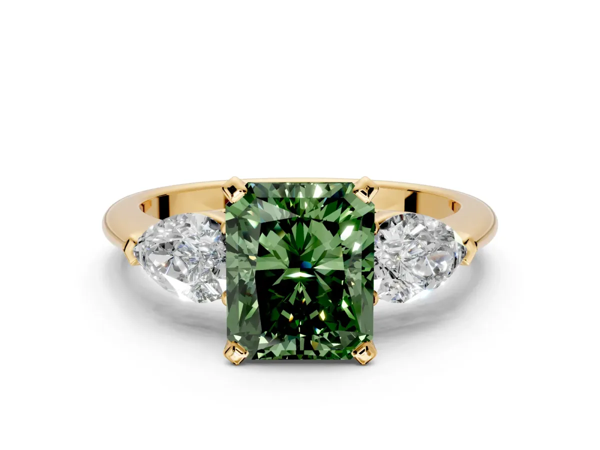 3 Stone Engagement Ring Setting for Fancy Green Radiant Cut Center with Large Pear-Shaped Accents and Prong Head in Yellow Gold