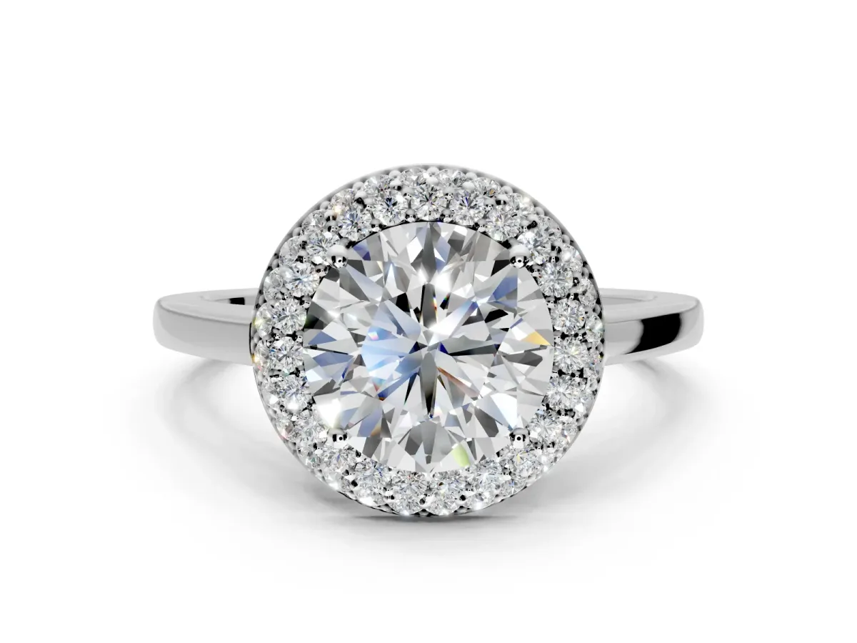 Halo Engagement Ring Setting for Round Cut Center with Plain Tapered Band and Prong Head in Platinum