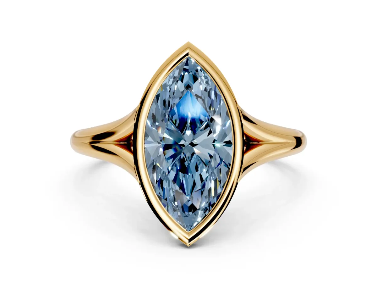 Solitaire Engagement Ring Setting for Fancy Blue Marquise Center with V Split Shank and Bezel Head in Yellow Gold