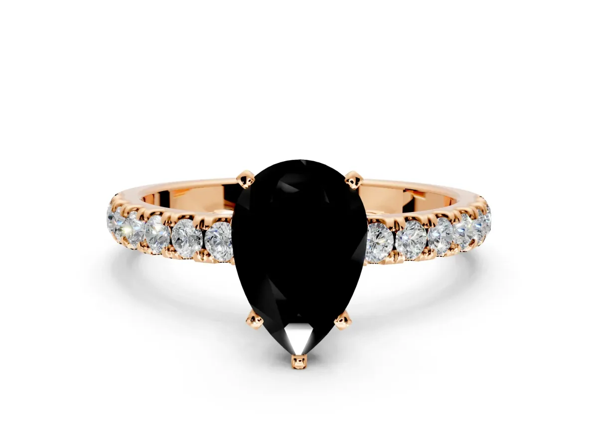 Open Basket Engagement Ring Setting for Fancy Black Pear-Shaped Center with Pave Band and Prong Head in Rose Gold