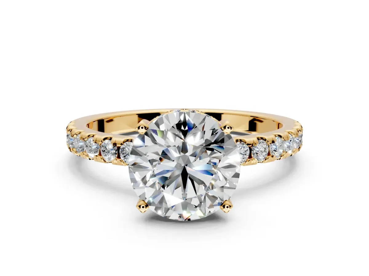 Solitaire Engagement Ring Setting for Round Cut Center with Band of Accents and Prong Head in Yellow Gold