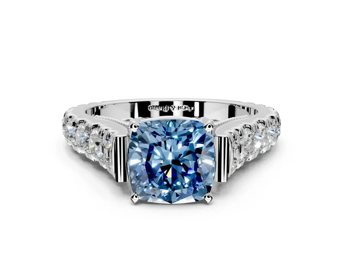 Solitaire Engagement Ring Setting for Fancy Blue Cushion Cut Center with Pave Cathedral Shoulders and Prong Head in Sterling Silver