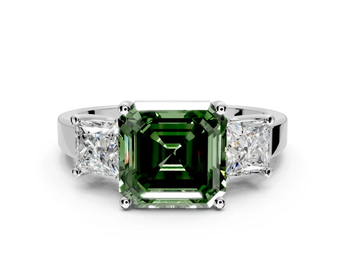 3 Stone Engagement Ring Setting for Fancy Green Asscher Cut Center with Matching Side Accents and Prong Head in Platinum