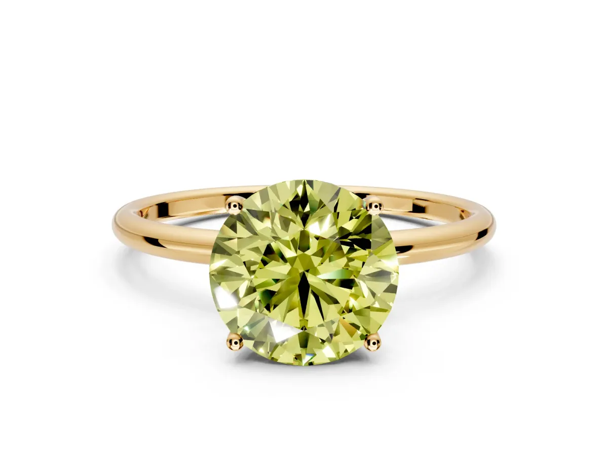Solitaire Engagement Ring Setting for Fancy Yellow Round Cut Center with Straight Thin Band and Prong Head in Yellow Gold