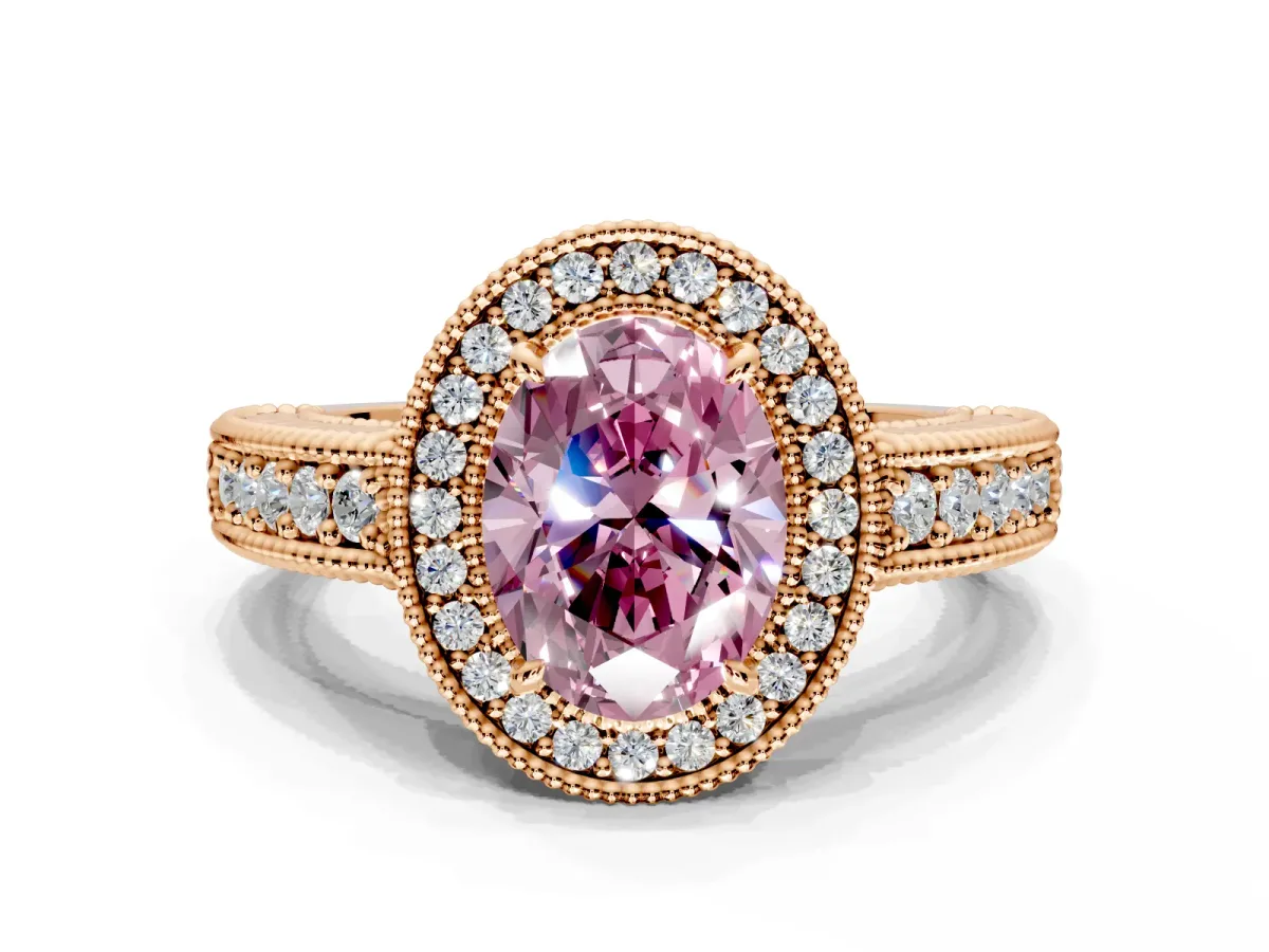 Milgrain Halo Engagement Ring Setting for Fancy Pink Oval Center with Pave Band and Prong Head in Rose Gold