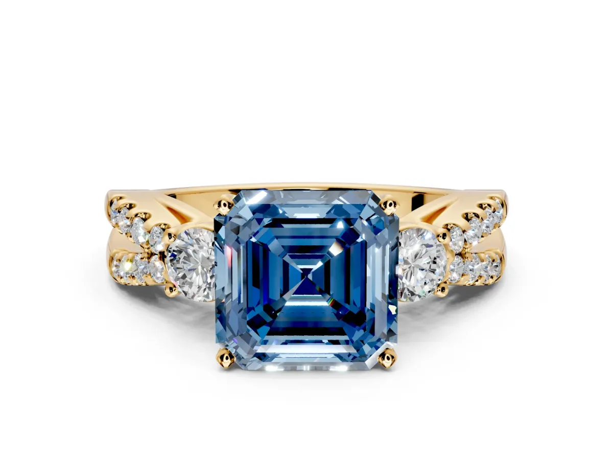 3 Stone Engagement Ring Setting for Fancy Blue Asscher Cut Center with Pave Split Shank and Prong Head in Yellow Gold