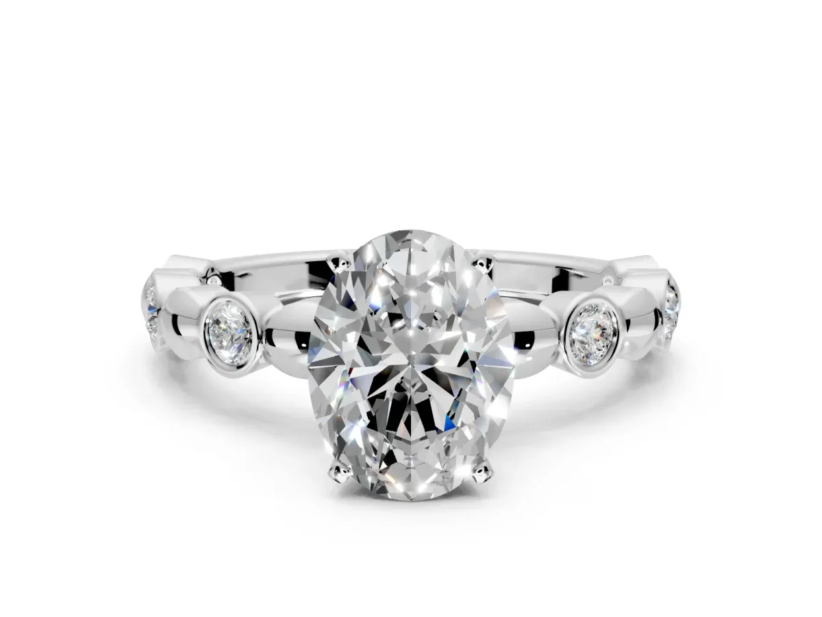 Solitaire Engagement Ring Setting for Oval Center with Beaded Bezel Station Band and Prong Head in Platinum