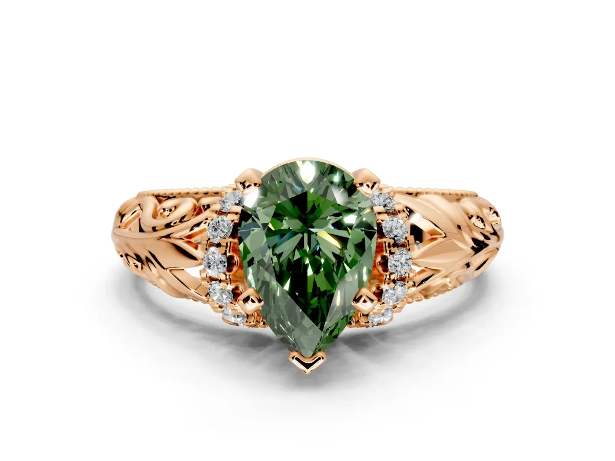 Solitaire Engagement Ring Setting for Fancy Green Pear-Shaped Center with Filigree Accent Basket and Prong Head in Rose Gold