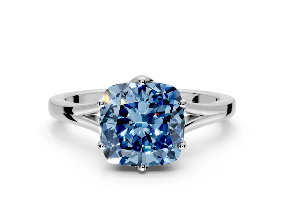 Solitaire Engagement Ring Setting for Fancy Blue Cushion Cut Center with Plain Split Shank and Prong Head in Sterling Silver