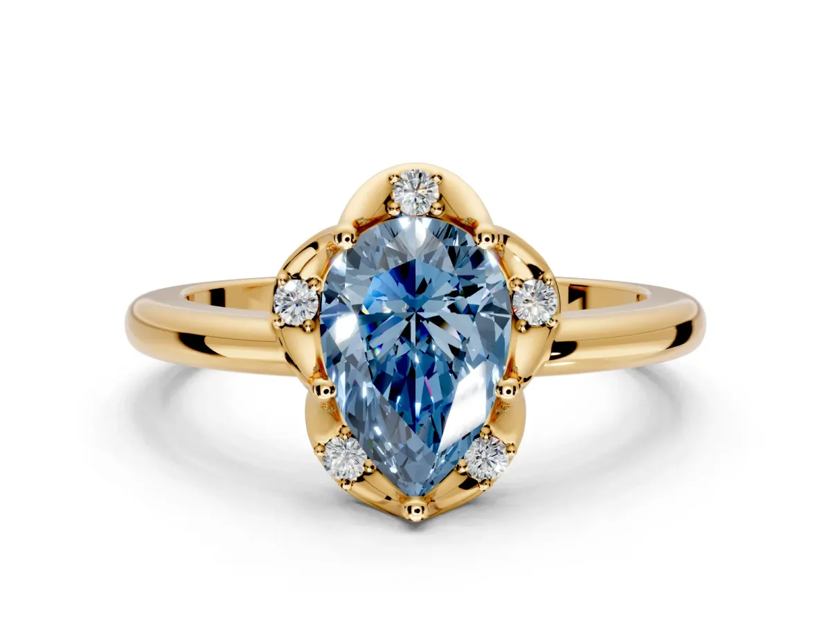 Floral Frame Engagement Ring Setting for Fancy Blue Pear-Shaped Center with Accent Clusters and Prong Head in Yellow Gold