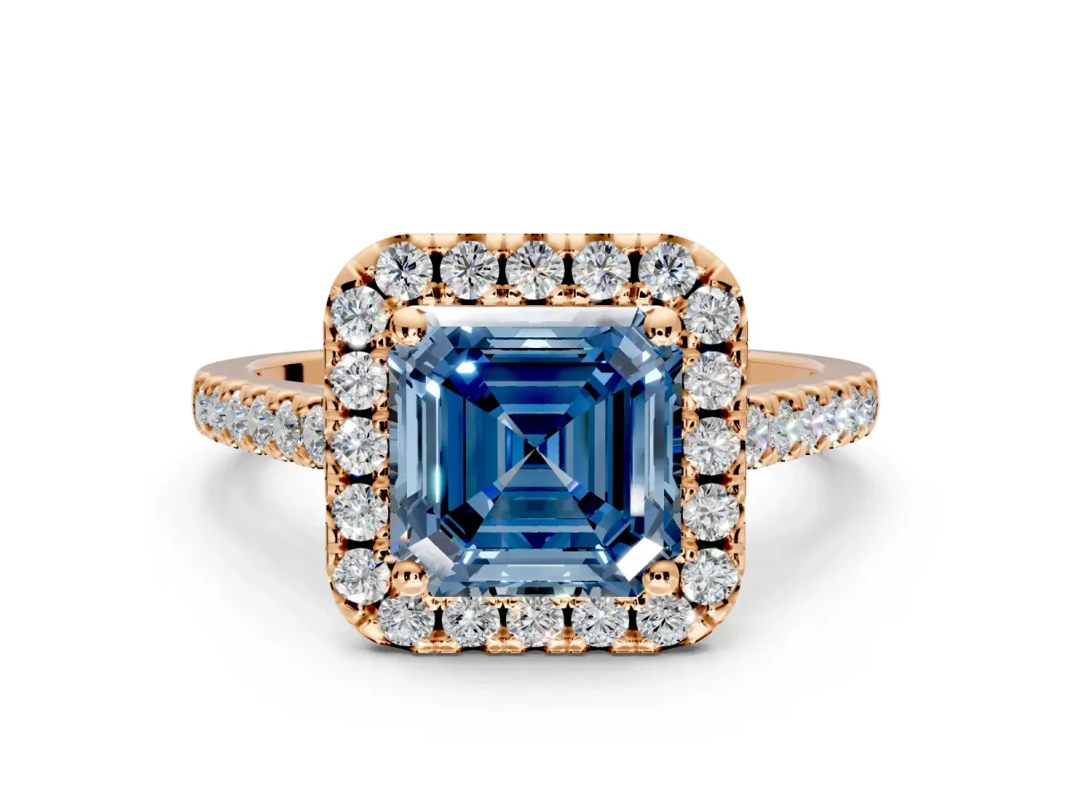 Halo Engagement Ring Setting for Fancy Blue Asscher Cut Center with Raised Halo, Pave Band and Prong Head in Rose Gold