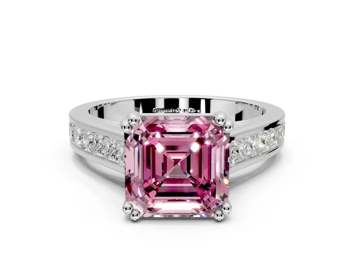 Solitaire Engagement Ring Setting for Fancy Pink Asscher Cut Center with Channel Band and Double Claw Prong Head in Sterling Silver