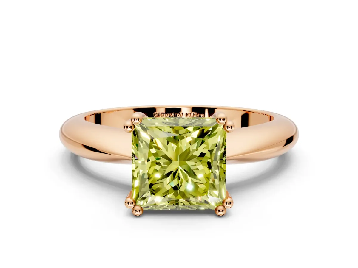 Solitaire Engagement Ring Setting for Fancy Yellow Princess Cut Center with Reverse Tapered Band and Prong Head in Rose Gold