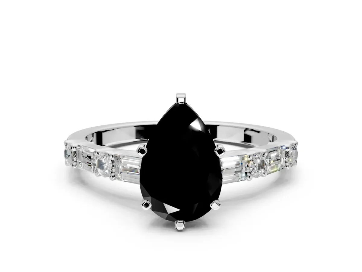 Baguette Engagement Ring Setting for Fancy Black Pear-Shaped Center with Alternating Bar-Set Band and Prong Head in Sterling Silver