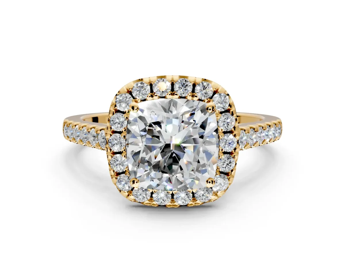 Halo Engagement Ring Setting for Cushion Cut Center with Raised Halo, Pave Band and Prong Head in Yellow Gold