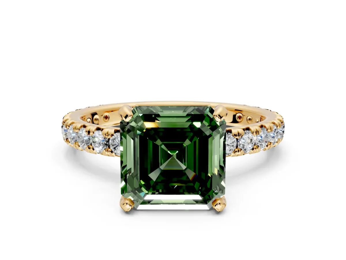 Solitaire Engagement Ring Setting for Fancy Green Asscher Cut Center with Shared-Prong Accents and Prong Head in Yellow Gold
