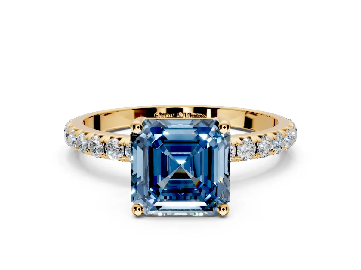 Solitaire Engagement Ring Setting for Fancy Blue Asscher Cut Center with Micro Pave Band and Prong Head in Yellow Gold