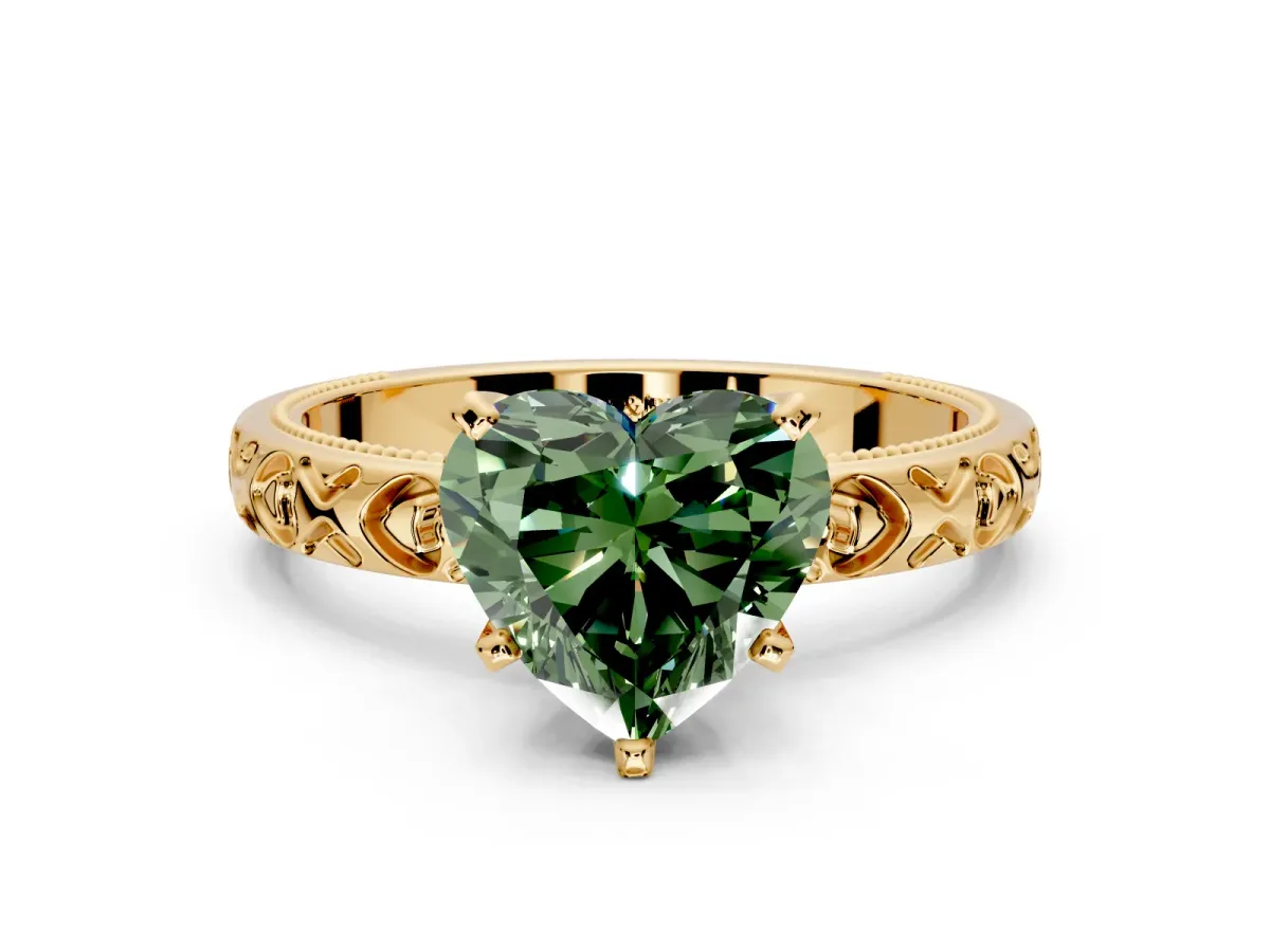 Solitaire Engagement Ring Setting for Fancy Green Heart-Shaped Center with XO Engraved Band and Prong Head in Yellow Gold
