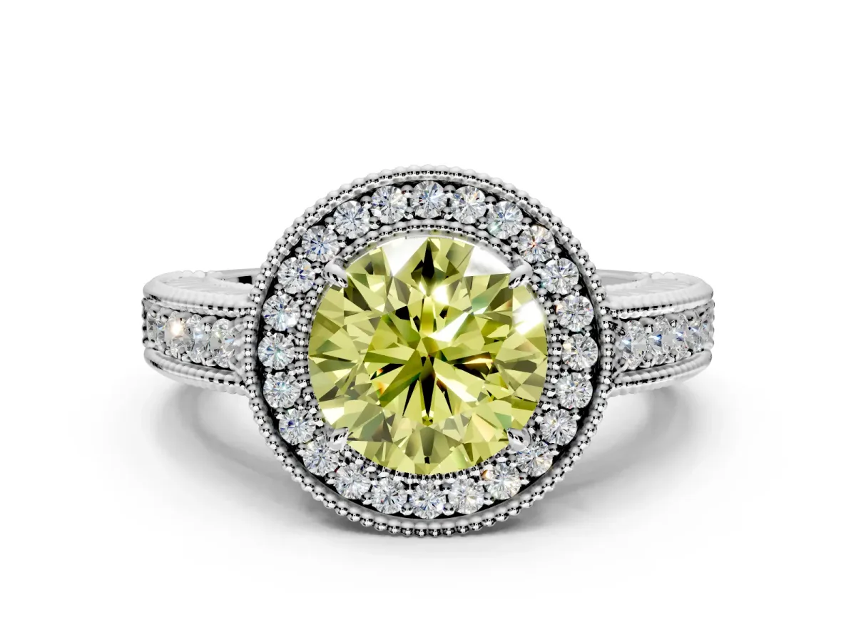 Milgrain Halo Engagement Ring Setting for Fancy Yellow Round Cut Center with Pave Band and Prong Head in White Gold