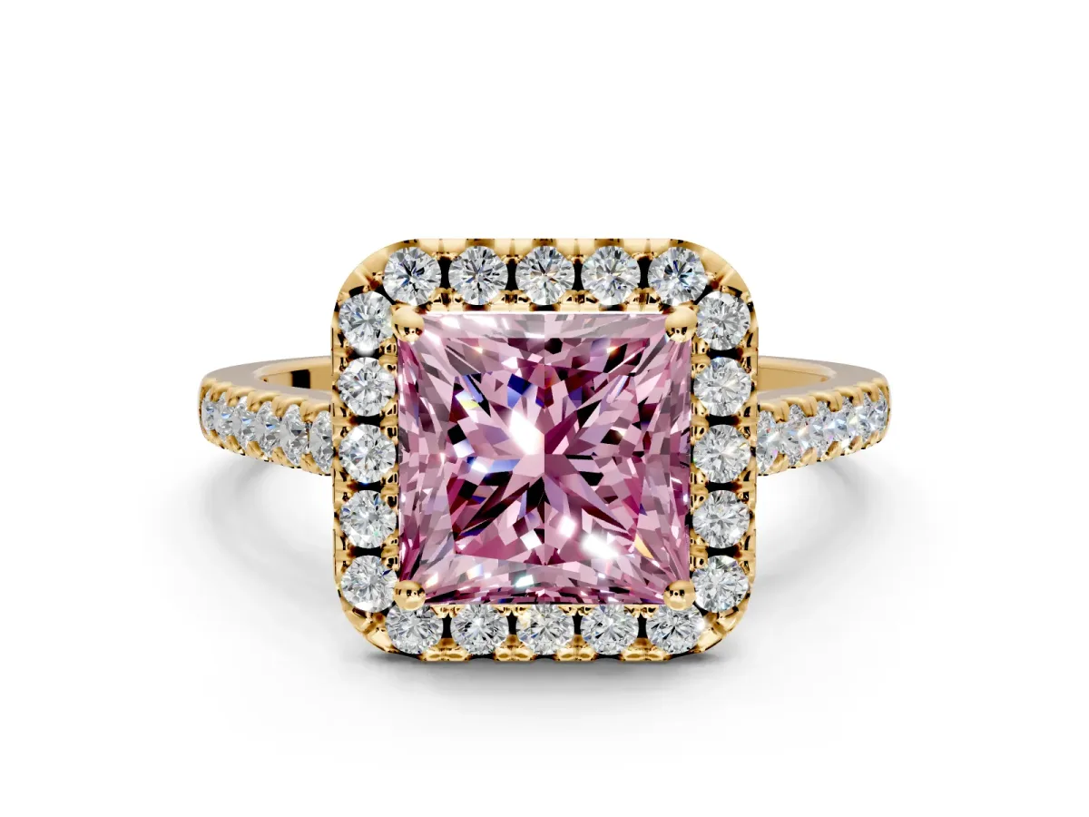 Halo Engagement Ring Setting for Fancy Pink Princess Cut Center with Narrowing Pave Band and Prong Head in Yellow Gold