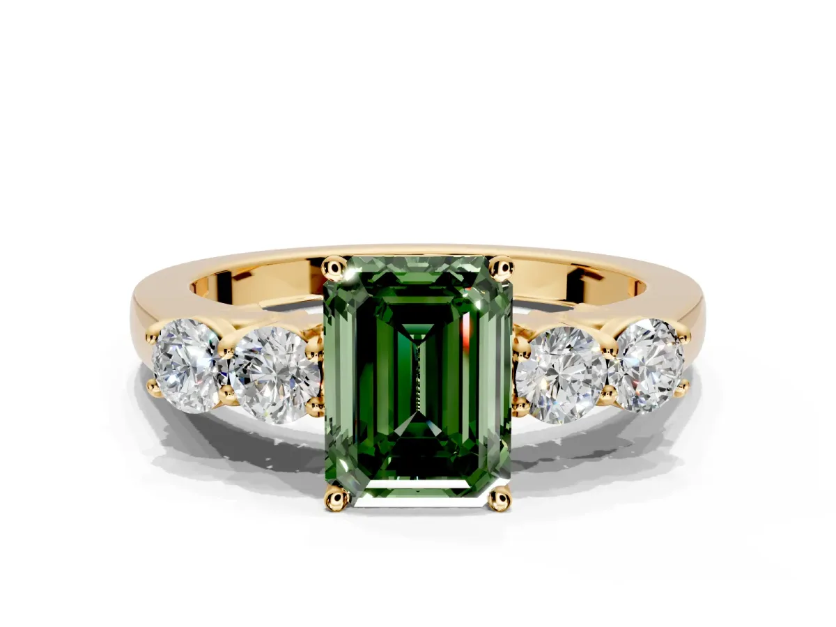 5 Stone Engagement Ring Setting for Fancy Green Emerald Cut Center with Equal Close-Set Accents and Prong Head in Yellow Gold