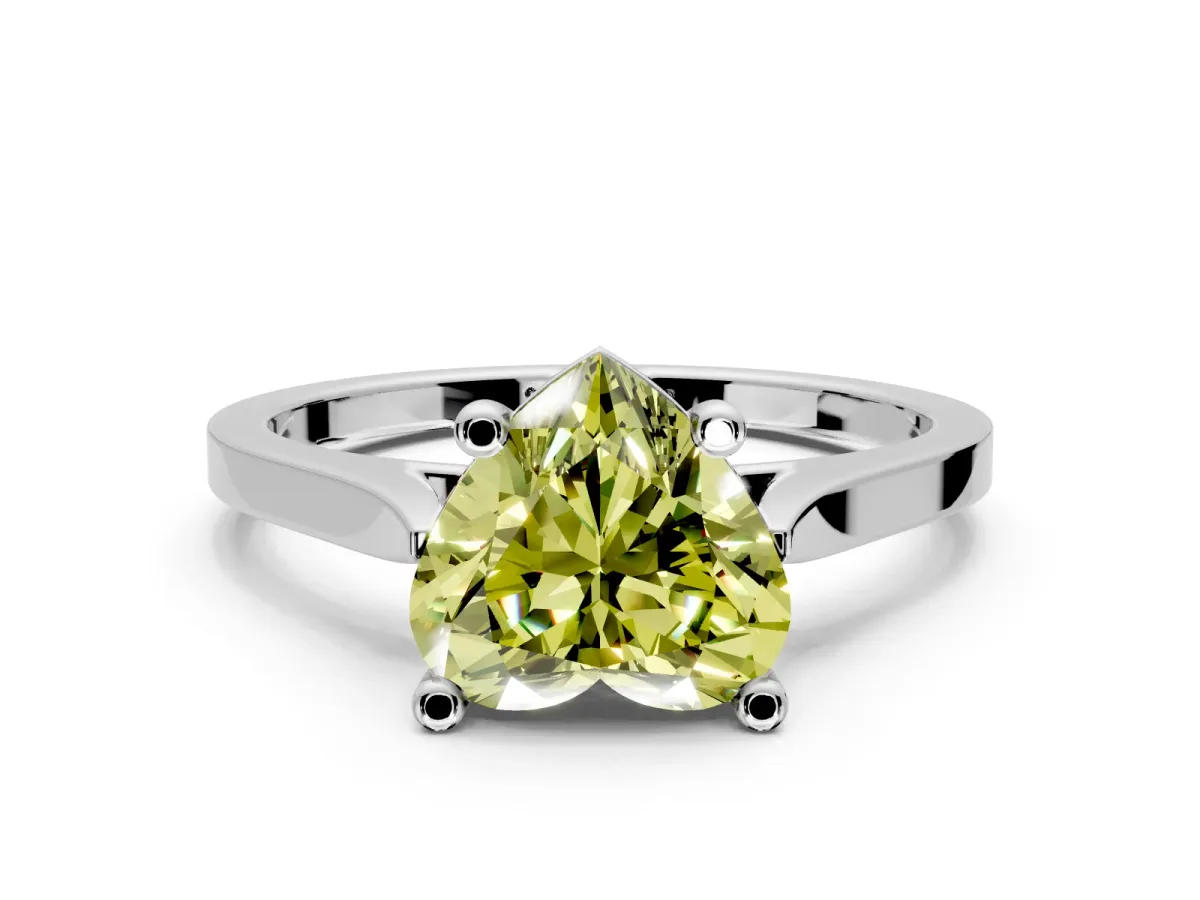 Solitaire Engagement Ring Setting for Fancy Yellow Heart-Shaped Center with Tapered Shoulders and Prong Head in White Gold