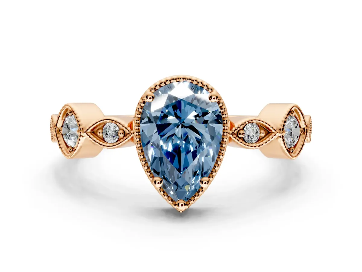 Vintage Station Engagement Ring Setting for Fancy Blue Pear-Shaped Center with Accents and Prong Head in Rose Gold