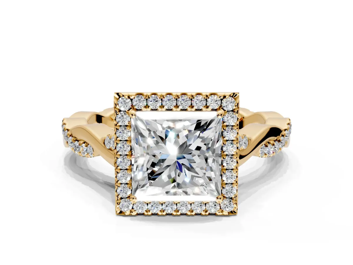 Halo Engagement Ring Setting for Princess Cut Center with Twist Band and Prong Head in Yellow Gold