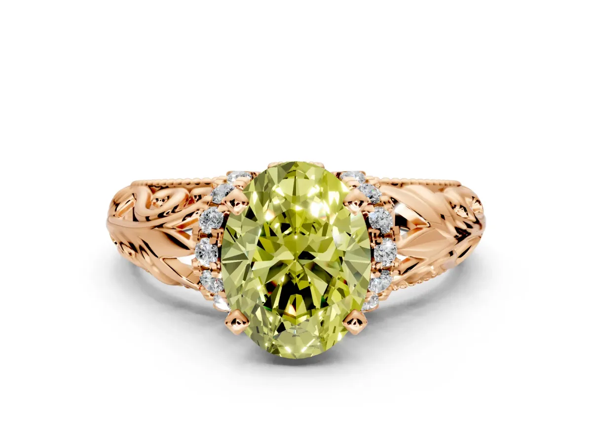 Solitaire Engagement Ring Setting for Fancy Yellow Oval Center with Filigree Accent Basket and Prong Head in Rose Gold