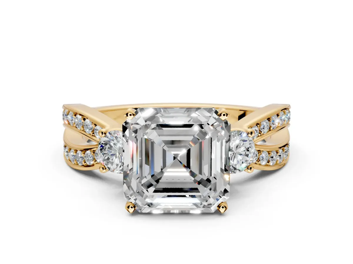 3 Stone Engagement Ring Setting for Asscher Cut Center with Pave Twist Band and Prong Head in Yellow Gold