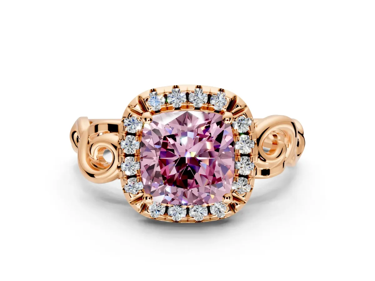 Halo Engagement Ring Setting for Fancy Pink Cushion Cut Center with Open Scroll Shoulders and Prong Head in Rose Gold
