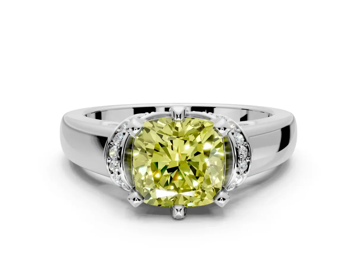 Solitaire Engagement Ring Setting for Fancy Yellow Cushion Cut Center with Wide Band, Pave Collar and Prong Head in White Gold