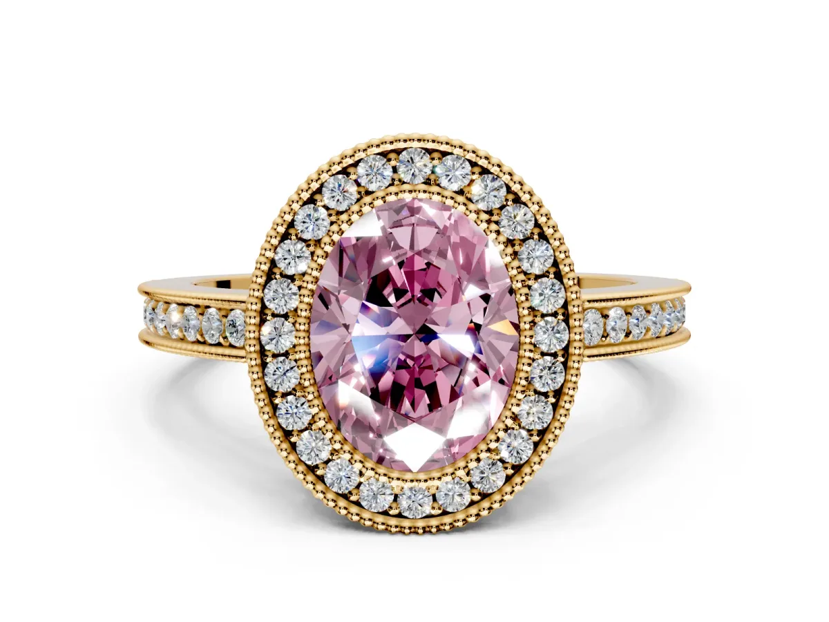 Halo Engagement Ring Setting for Fancy Pink Oval Center with Milgrain Halo, Pave Band and Prong Head in Yellow Gold
