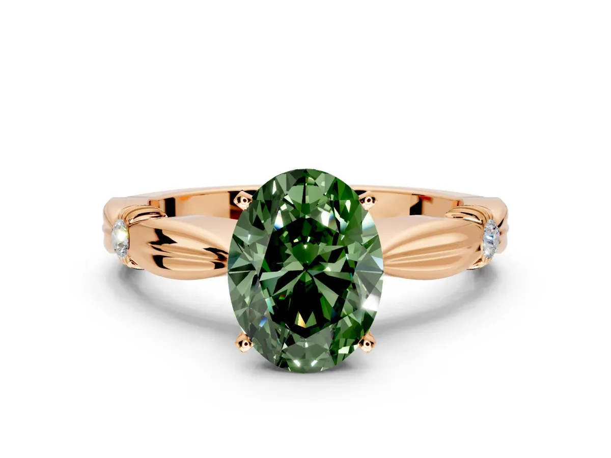 Solitaire Engagement Ring Setting for Fancy Green Oval Center with Carved Leaf Shoulders and Prong Head in Rose Gold