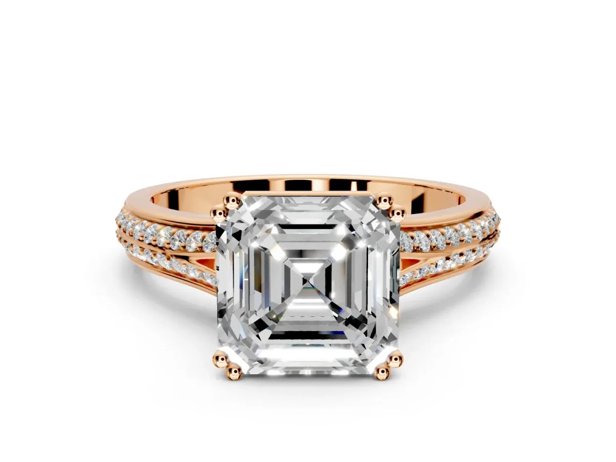 Solitaire Engagement Ring Setting for Asscher Cut Center with Pave Rail Split Shank and Prong Head in Rose Gold