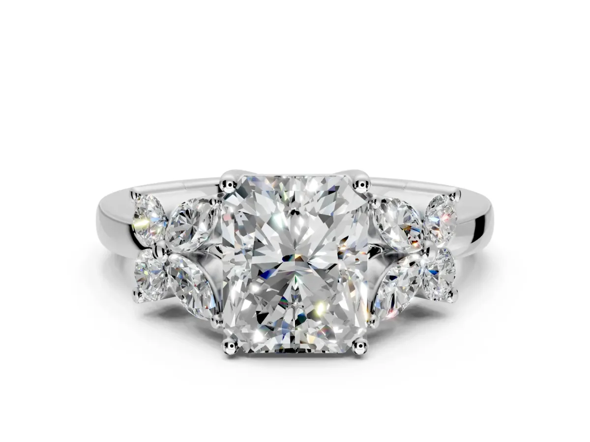 Floral Engagement Ring Setting for Radiant Cut Center with Marquise Cluster Shoulders and Prong Head in Platinum