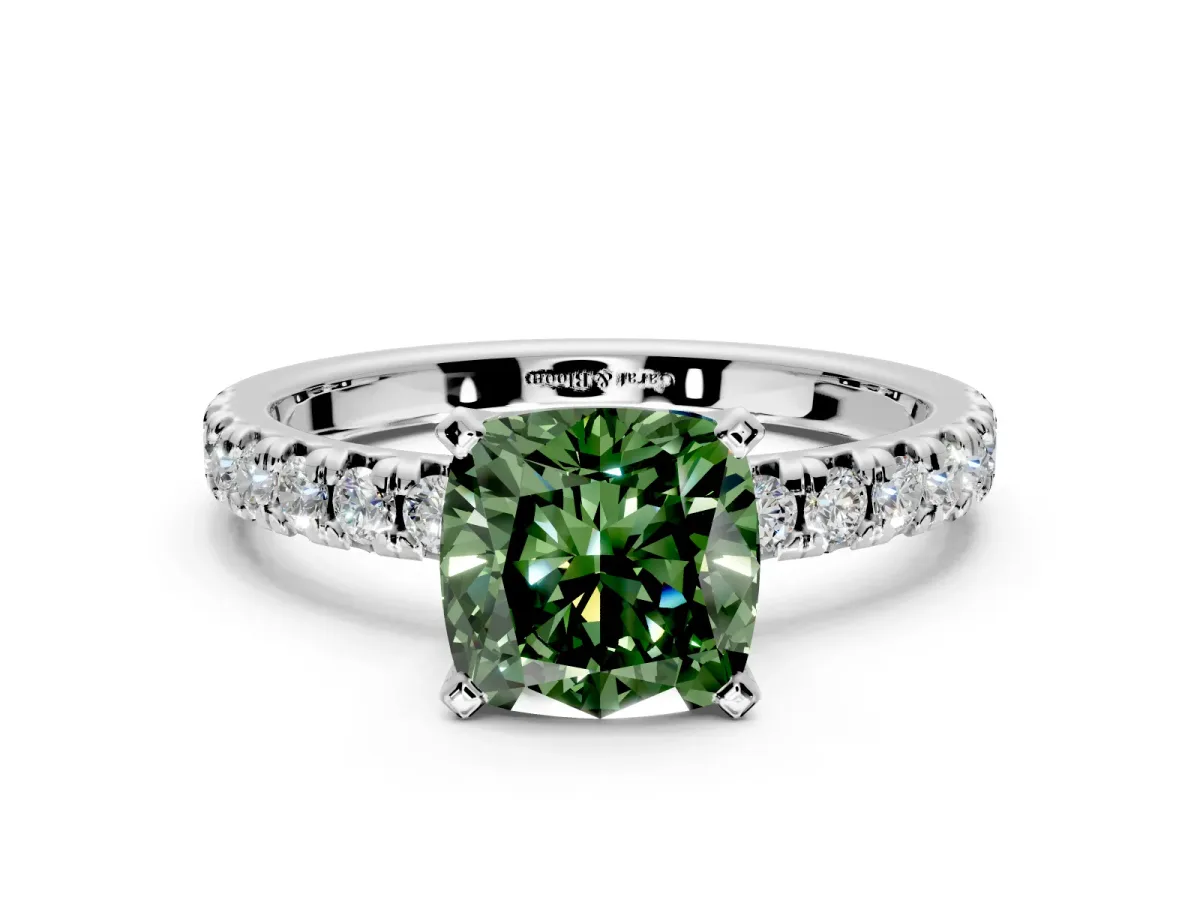 Solitaire Engagement Ring Setting for Fancy Green Cushion Cut Center with Large Accents and Prong Head in White Gold