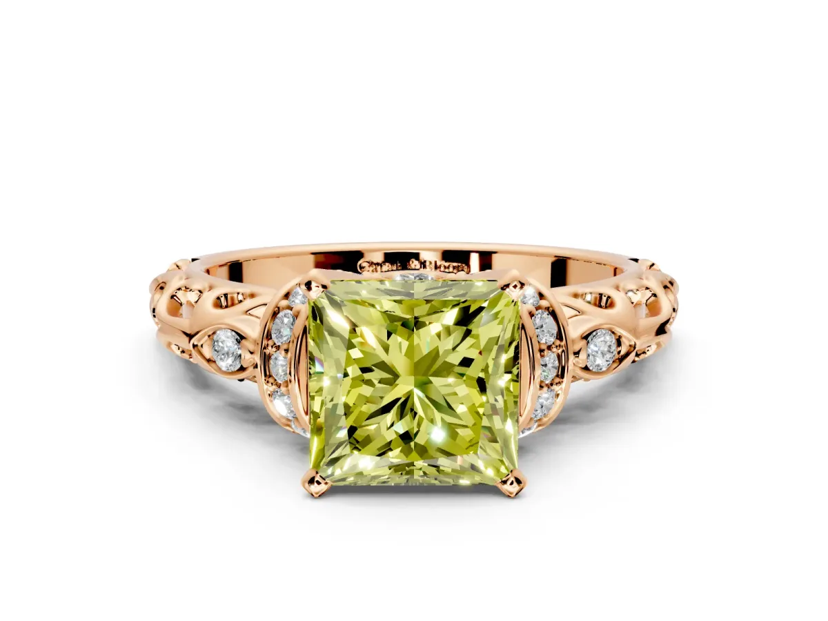 Solitaire Engagement Ring Setting for Fancy Yellow Princess Cut Center with Filigree Band and Prong Head in Rose Gold
