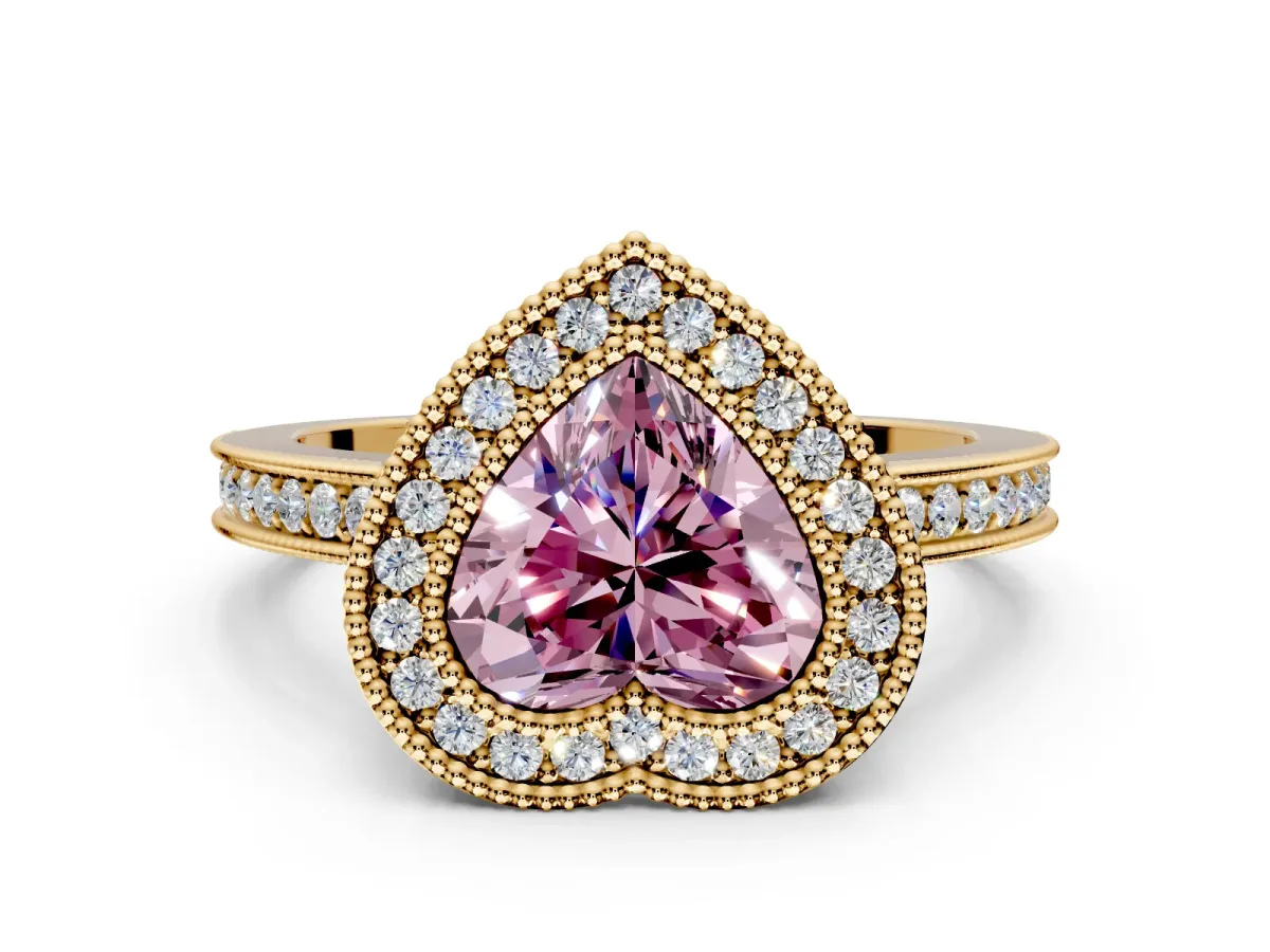 Halo Engagement Ring Setting for Fancy Pink Heart-Shaped Center with Milgrain Halo, Pave Band and Prong Head in Yellow Gold