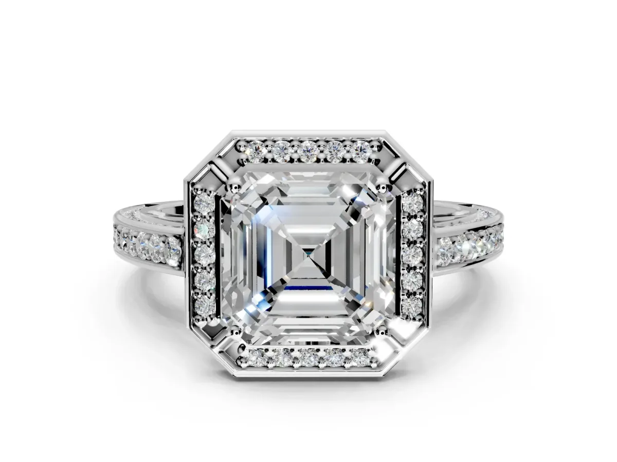 Halo Engagement Ring Setting for Asscher Cut Center with Framed Halo, Pave Band and Prong Head in Platinum
