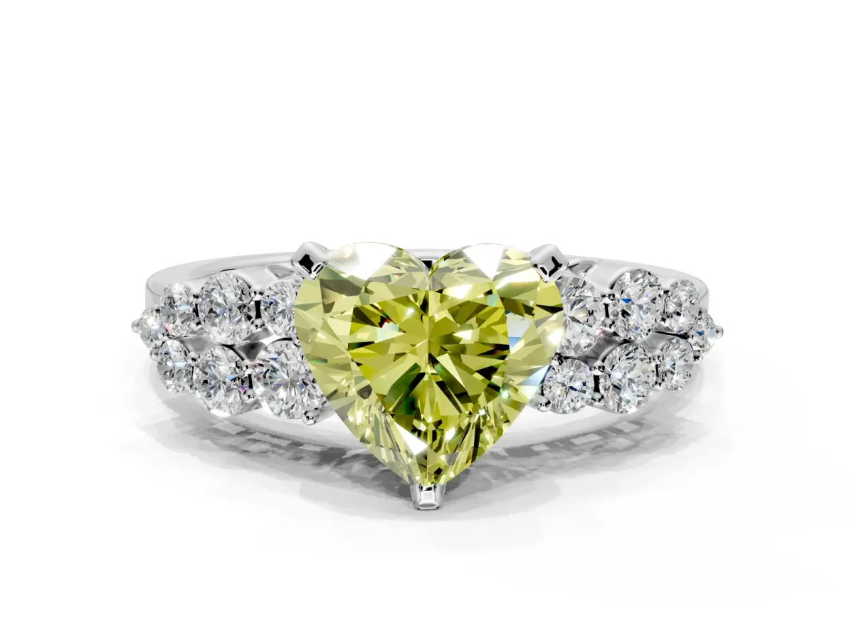 Cluster Engagement Ring Setting for Fancy Yellow Heart-Shaped Center with 2-Row Shoulder Clusters and Prong Head in White Gold