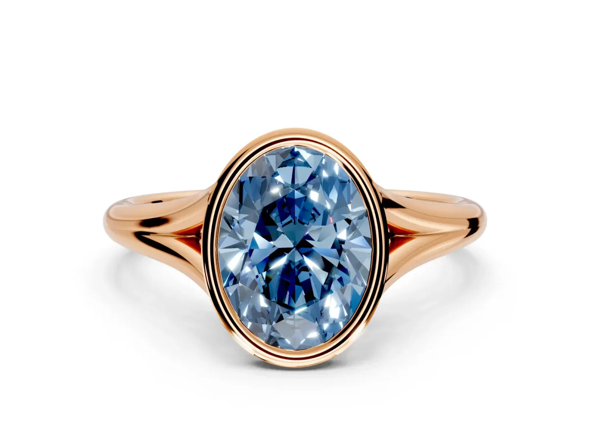 Solitaire Engagement Ring Setting for Fancy Blue Oval Center with V Split Shank and Bezel Head in Rose Gold
