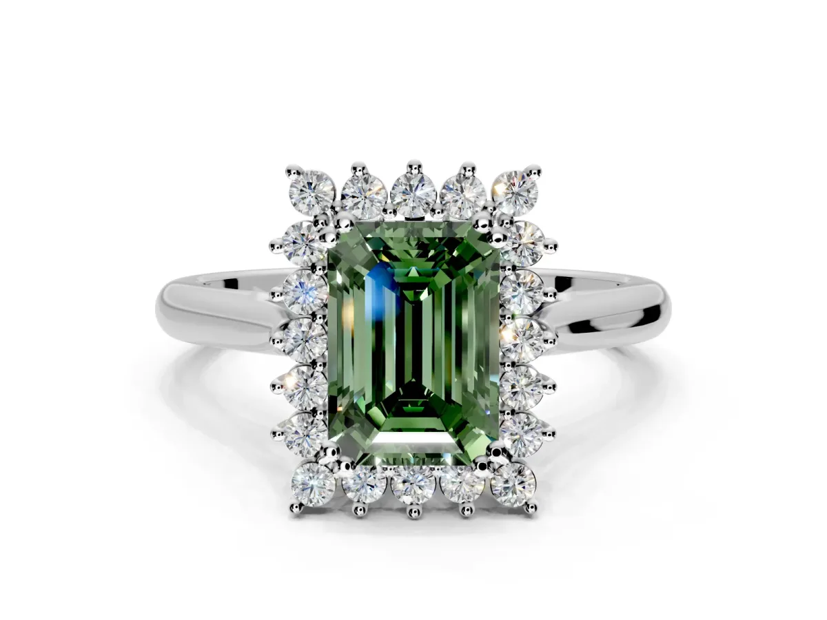 Starburst Halo Engagement Ring Setting for Fancy Green Emerald Cut Center with Thin Round-Wire Band and Prong Head in Sterling Silver