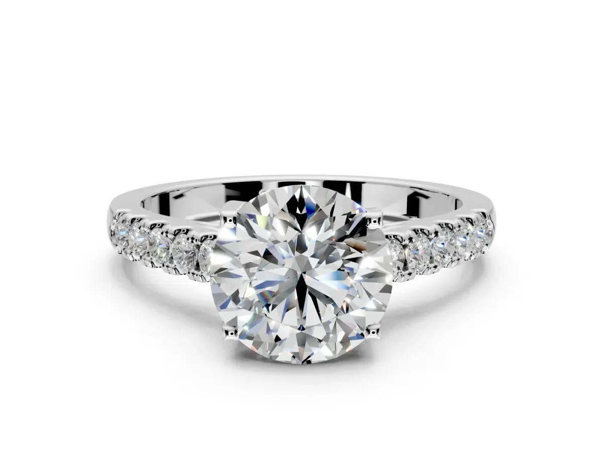 Solitaire Engagement Ring Setting for Round Cut Center with Partway Pave Band and Prong Head in White Gold