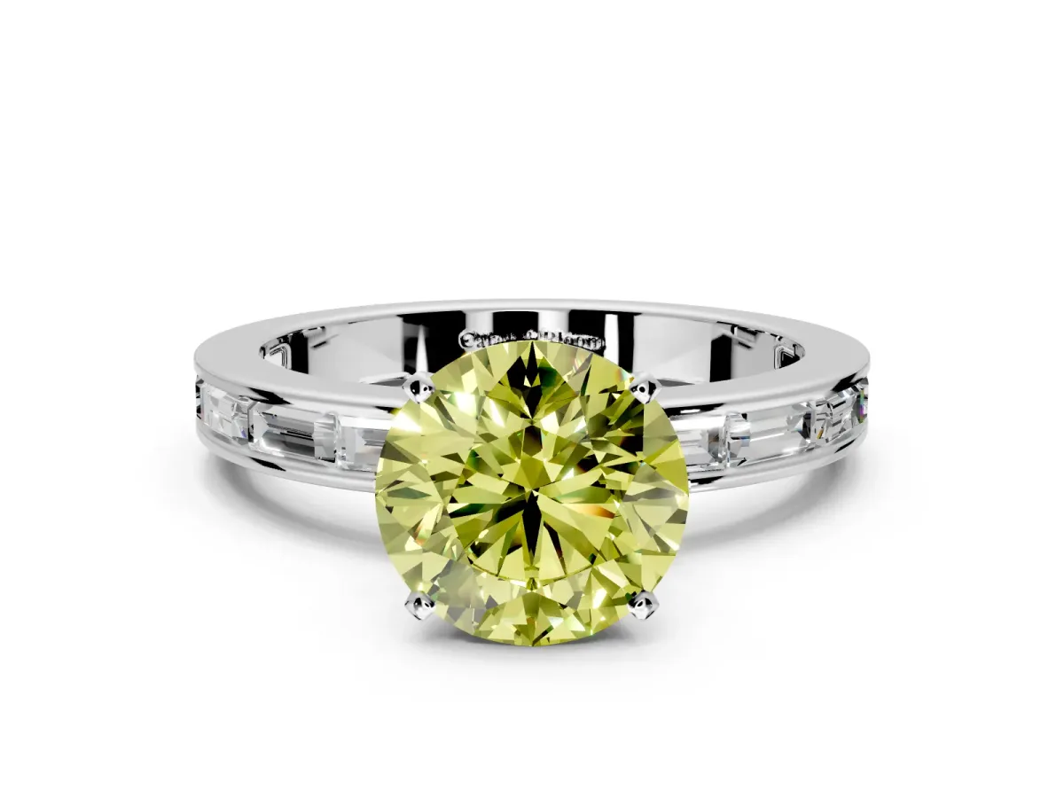 Solitaire Engagement Ring Setting for Fancy Yellow Round Cut Center with Channel Baguette Band and Prong Head in Platinum