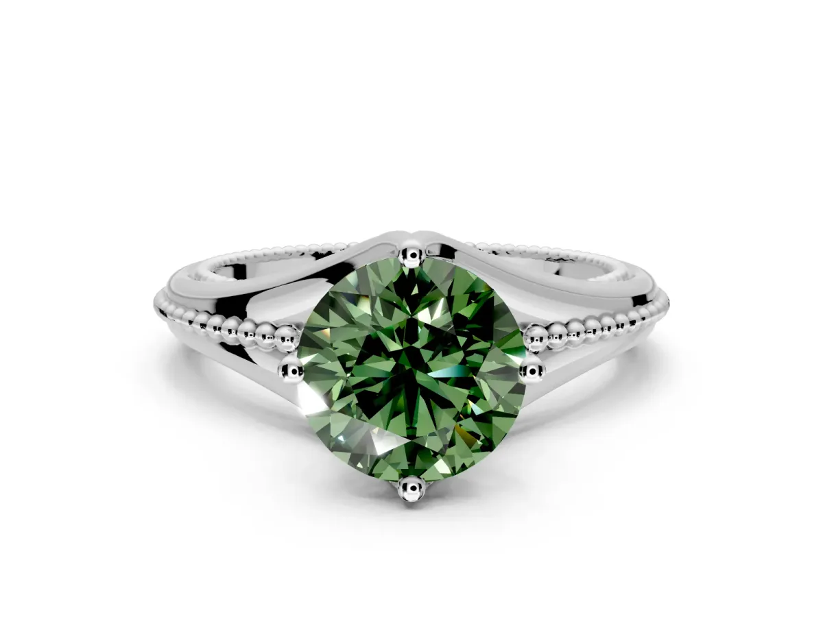Solitaire Engagement Ring Setting for Fancy Green Round Cut Center with Milgrain Cathedral Band and Prong Head in Platinum