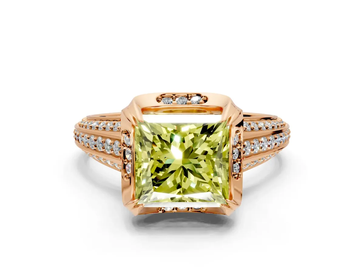 Solitaire Engagement Ring Setting for Fancy Yellow Princess Cut Center with Accented Split Shank and Prong Head in Rose Gold