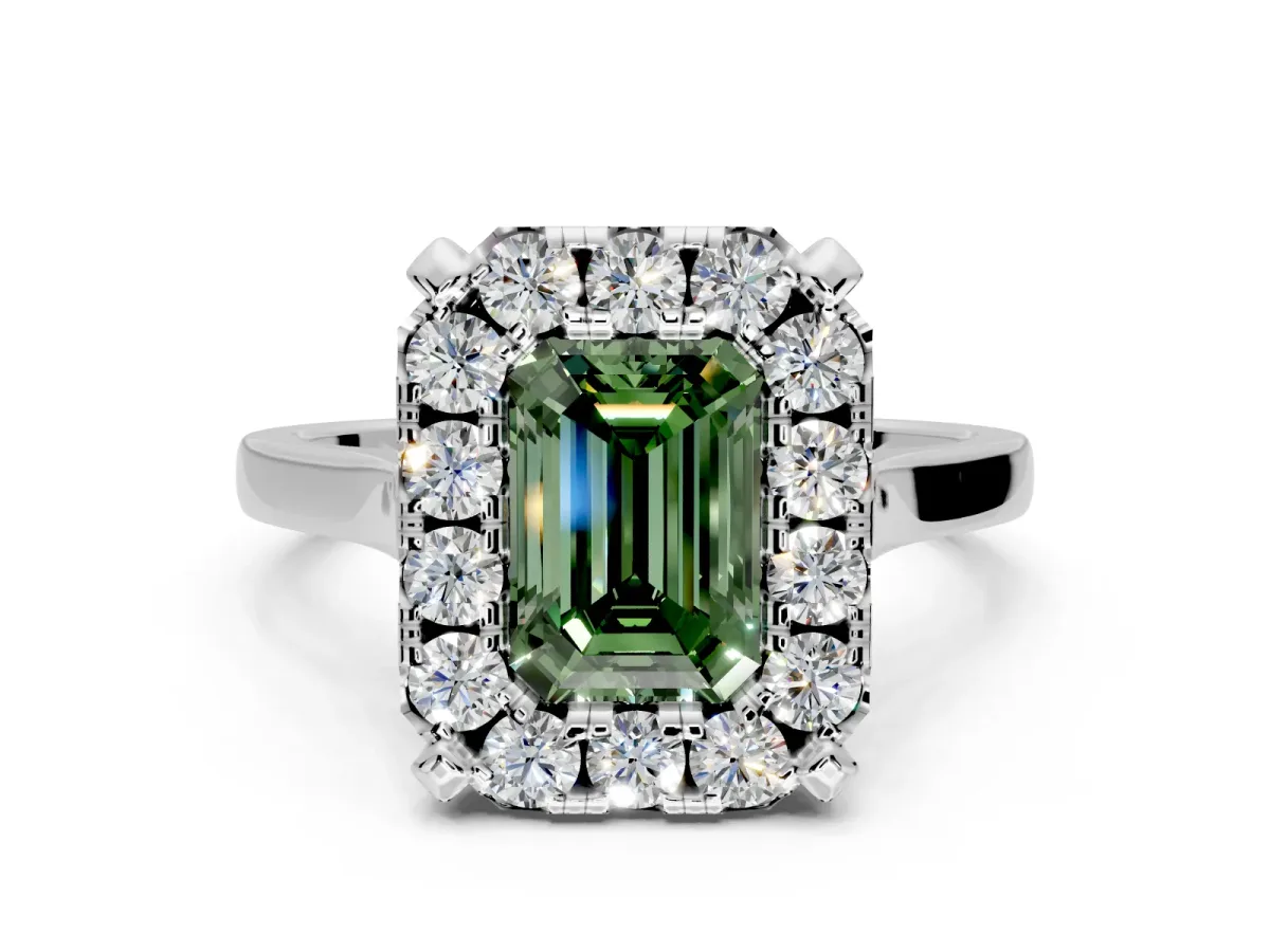 Single Halo Engagement Ring Setting for Fancy Green Emerald Cut Center with Corner Claws, Plain Band and Prong Head in Platinum