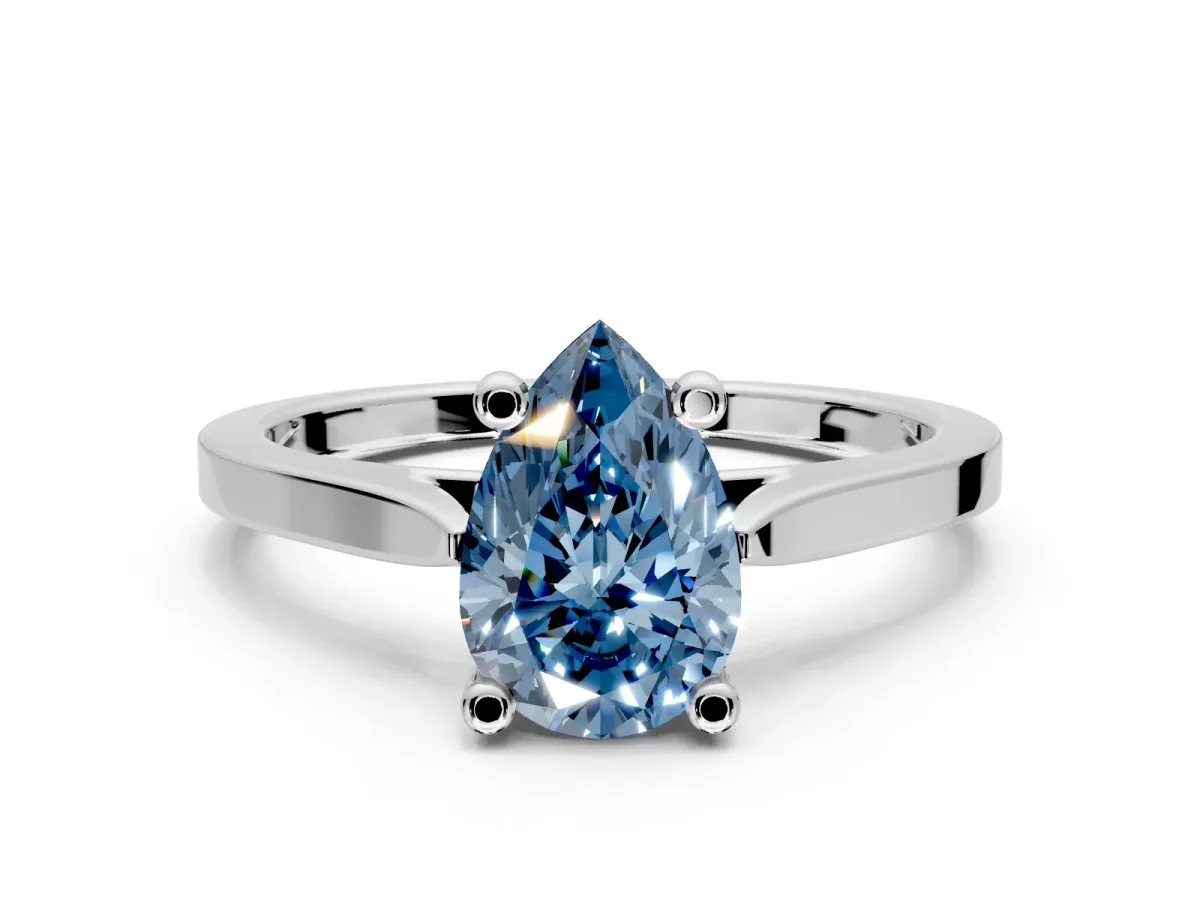 Solitaire Engagement Ring Setting for Fancy Blue Pear-Shaped Center with Tapered Shoulders and Prong Head in White Gold