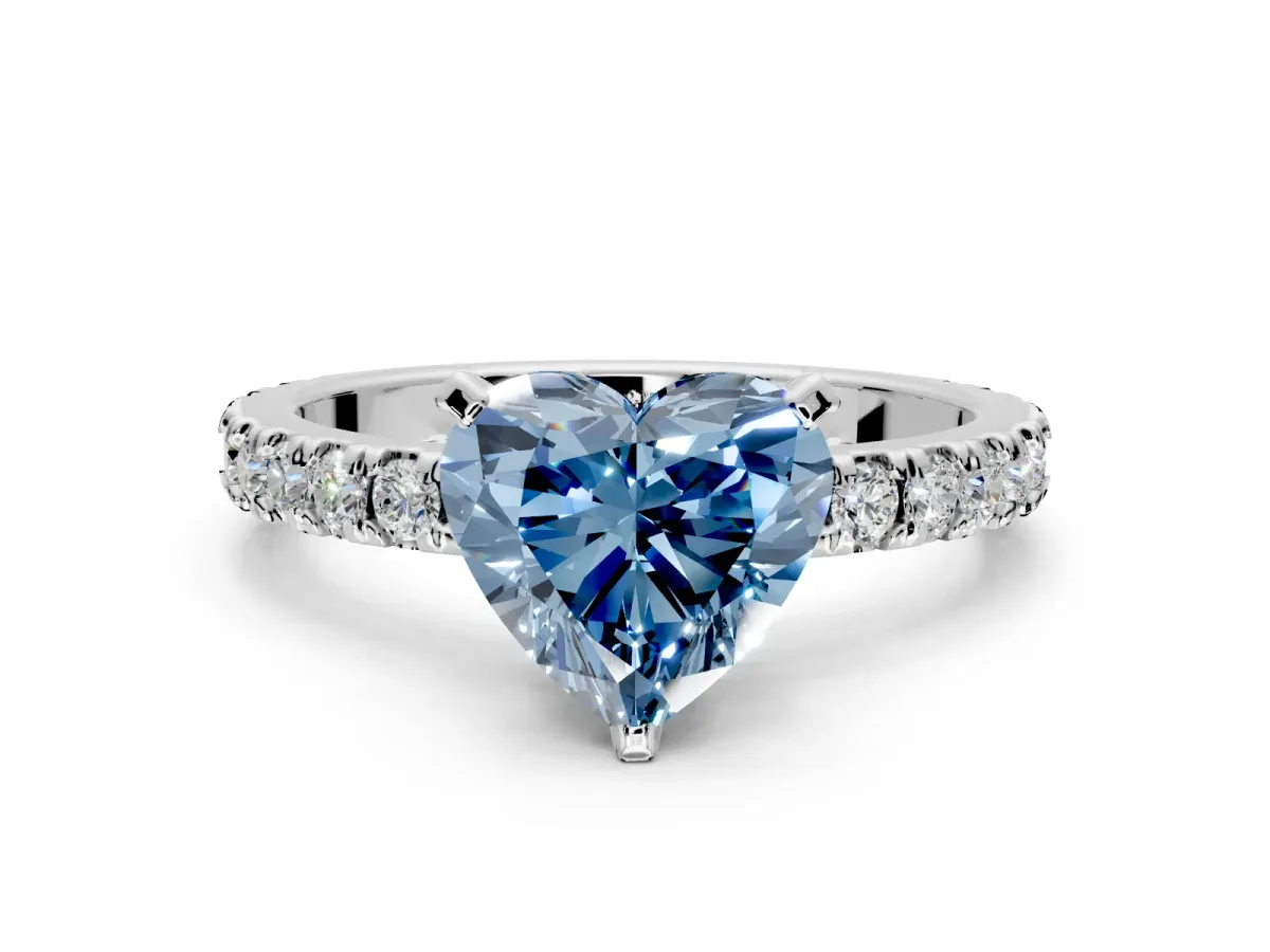 Solitaire Engagement Ring Setting for Fancy Blue Heart-Shaped Center with Fine Pave Band and Claw Prong Head in Platinum